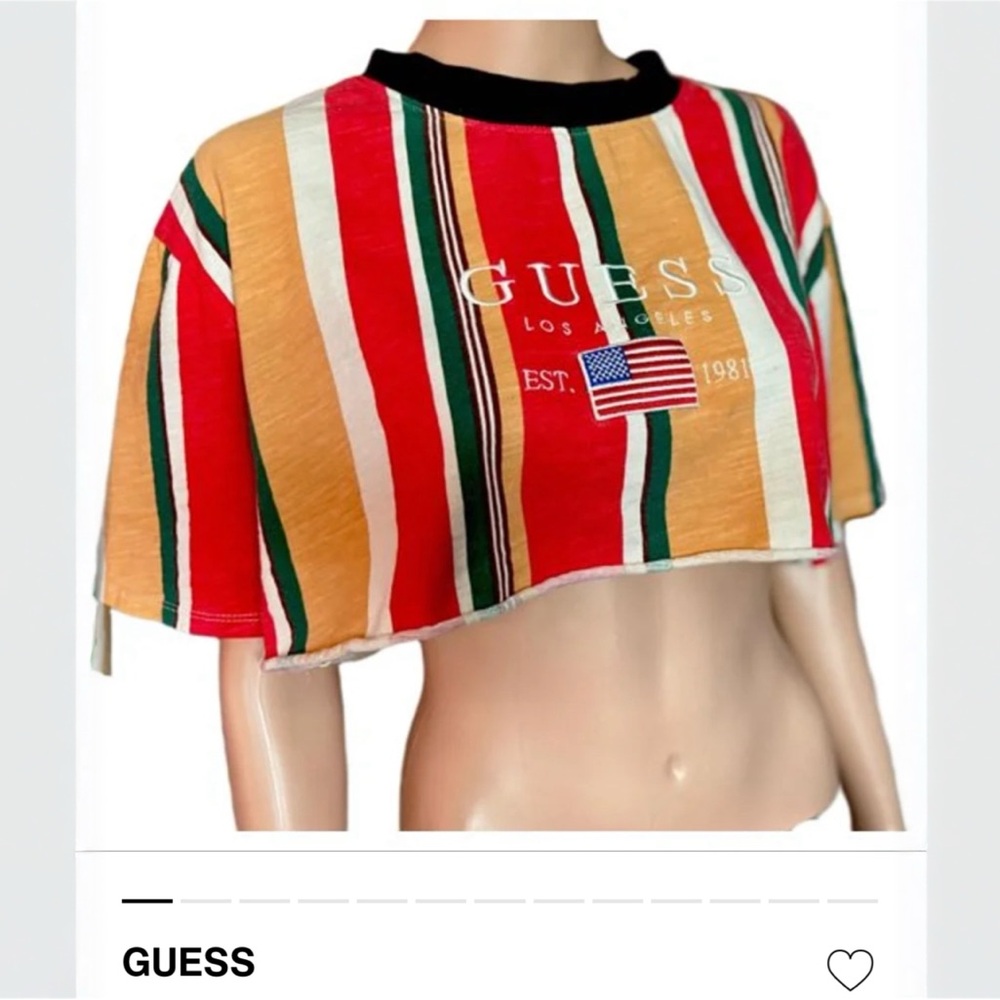 VINTAGE GUESS Striped Crop Top – Retro Colors, Embroidered Flag, Size L